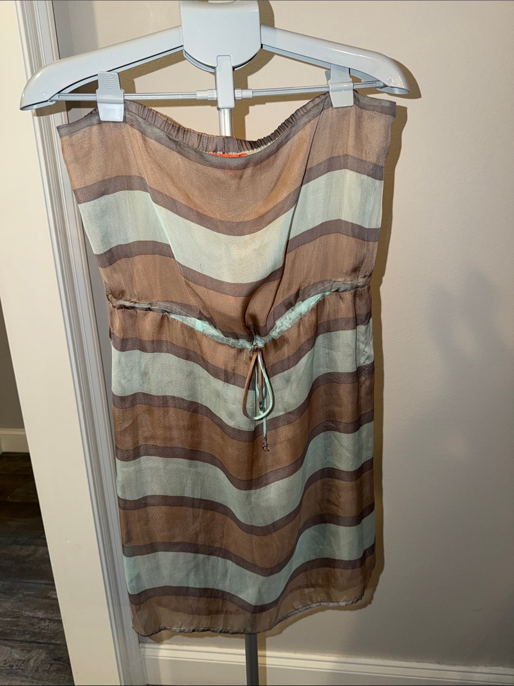 glam Y2K Strapless Colorblock Silk Dress in Brown and Mint